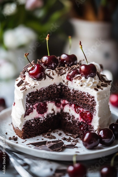 Fototapeta Close-up of a Black Forest cake with chocolate layers, whipped cream, and fresh cherries