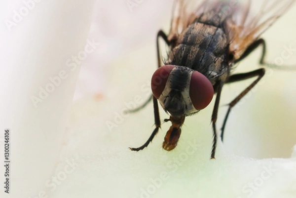 Fototapeta Fly or housefly looking for food. Flies are carriers of various diseases such as food poisoning, dysentery, cholera.