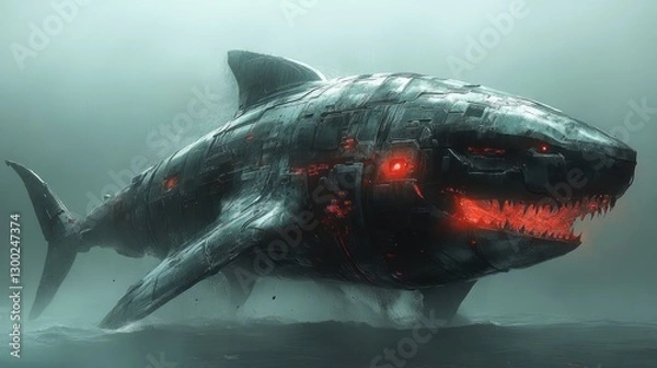 Fototapeta A massive, futuristic robotic shark emerging from misty waters, showcasing intricate details and glowing features