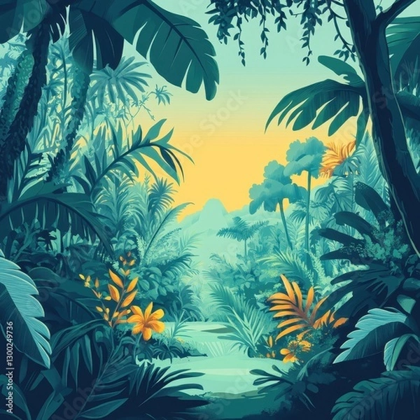 Fototapeta A vibrant illustration showcases a lush and dense tropical rainforest scene