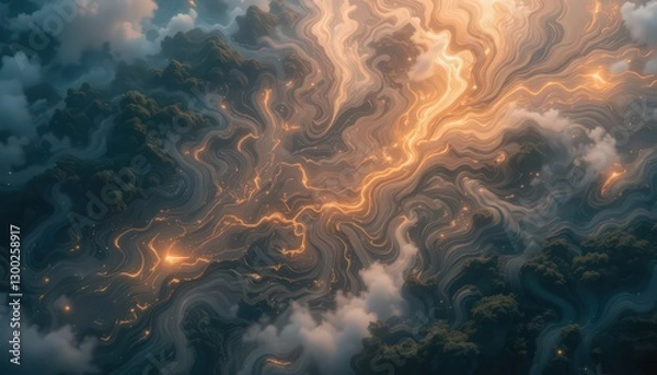 Fototapeta Abstract Aerial View of a Geothermal Landscape with Flowing Energy