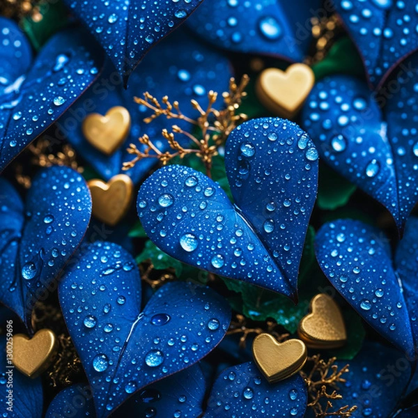 Fototapeta Close-Up of Heart-Shaped Leaves in Deep Blue with Water Droplets