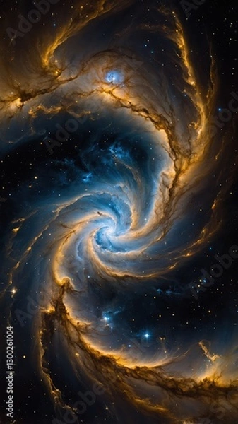 Fototapeta Cosmic Whirlpool Nebula. Blue and gold space dust swirl in spiral. Dark background with glowing stars and nebula clouds.