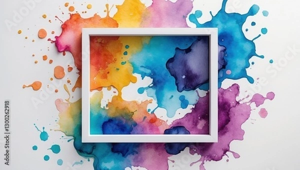 Fototapeta Watercolor painting with white square frame on white background. Colorful ink blots and splashes in various shades like blue, yellow, pink, and purple.