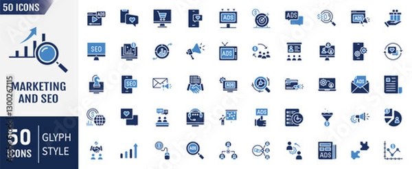 Fototapeta Marketing and seo flat icon set. Containing as website, search, mail, analysis, content, strategy, development, store and more. Vector illustration