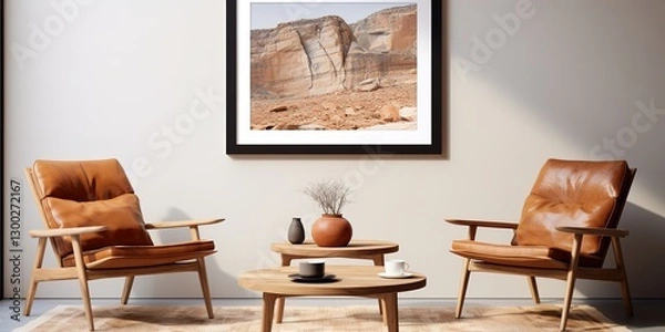 Fototapeta Modern living room with brown lounge chairs, white sofa, round coffee tables, and marble wall 