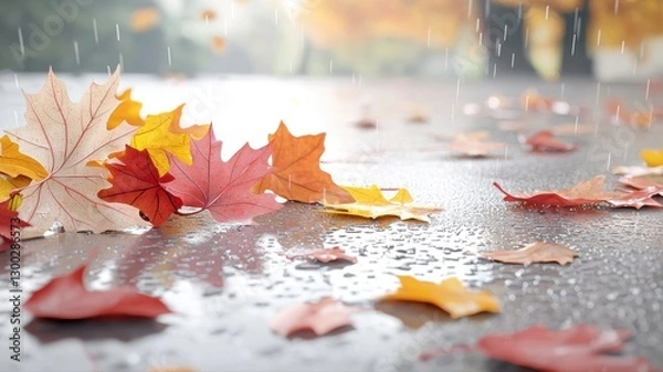 Fototapeta Colorful autumn leaves on wet pavement during a gentle rain, creating a tranquil seasonal scene.