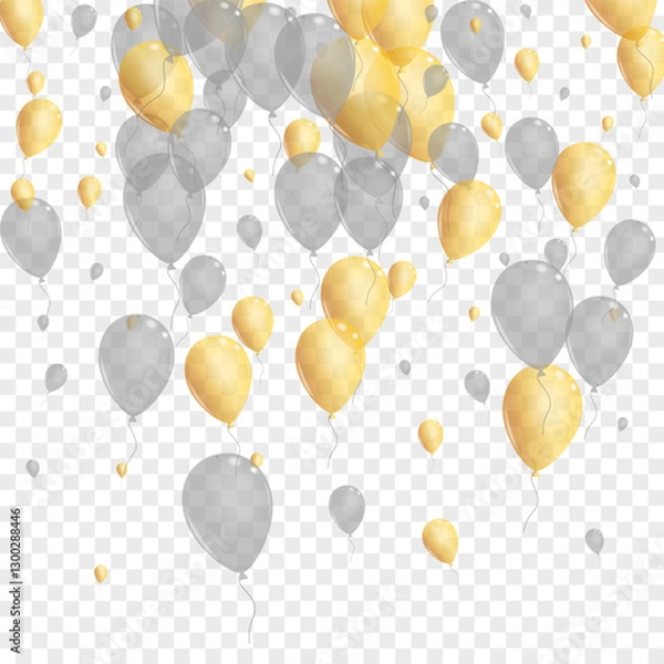 Fototapeta Yellow Balloon Background Transparent Vector. Helium Fly Background. Gold Isolated Surprise. Toy Streamers Frame.
