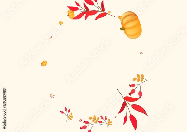 Obraz Green Rowan Background Beige Vector. Leaf Oak. Red Print Border. Invitation Set. Burgundy Gourd Fall Frame.