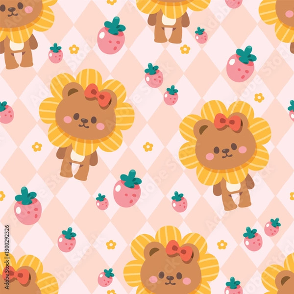 Fototapeta Seamless pattern cartoon of flower bear, pink strawberry with diamond pattern is a cute and childish. Pattern design for children fabric, wrapping paper, wallpaper and fashion prints.