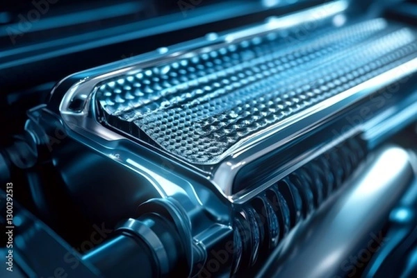 Fototapeta Shiny intricate engine detail with a cool blue metallic glow.