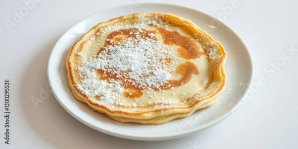 Fototapeta Freshly made pancake served on a clean white plate, dusted with a generous amount of sugar, stack, dessert, sweet
