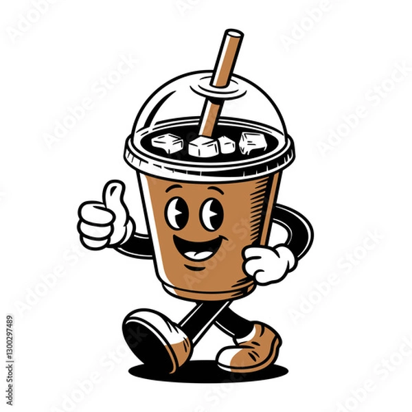 Fototapeta Cartoon iced coffee cup character with straw in vector retro groovy style