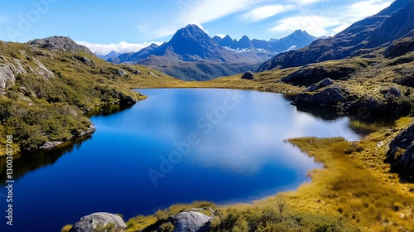 Fototapeta Nestled amidst towering peaks, a tranquil mountain lake reflects the sky's hues, surrounded by lush greenery and unspoiled terrain, inviting moments of peaceful contemplation