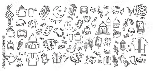 Fototapeta Set of vector doodle element related to Eid Mubarak and Ramadan. Set of hand drawn symbols and icons for holy Muslim festival Eid ul-Fitr