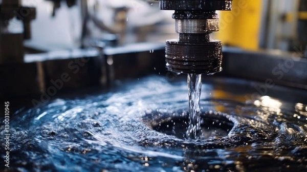 Obraz Industrial machining, coolant fluid swirling, factory setting, precision work