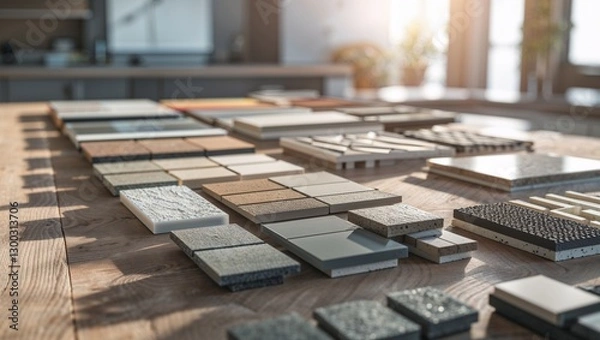 Fototapeta Various tile samples arranged on wooden table in bright workspace for home renovation planning
