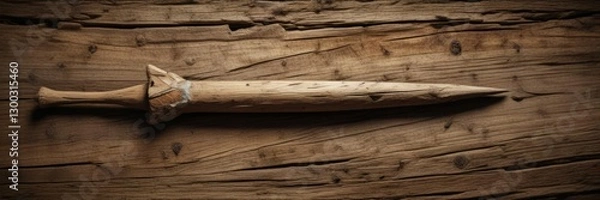 Fototapeta Flint arrowhead lodged in an ancient wooden arrow shaft, ancient hunting tool, ancient wooden arrow