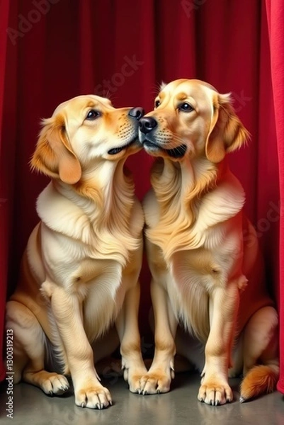 Fototapeta Two Golden Retrievers snuggling in a kissing booth , dogs, adorable