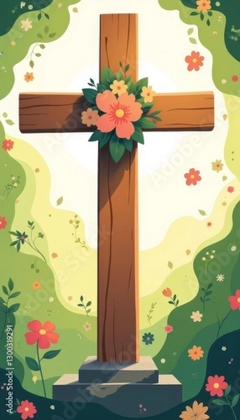 Fototapeta Floral cross in tranquil garden under afternoon light, simple elegance