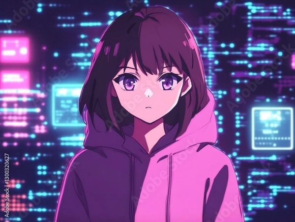 Fototapeta anime cyberpunk hacker girl in neon holographic setting