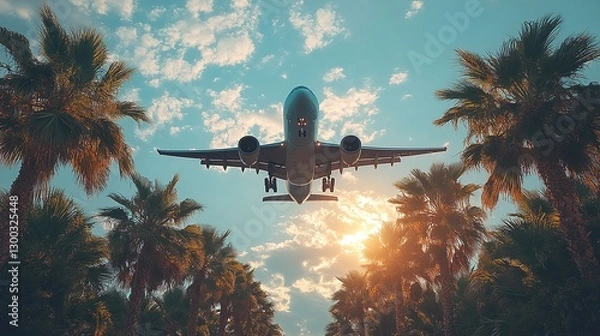 Fototapeta A plane flies over palm trees at a holiday resort during sunset.	
