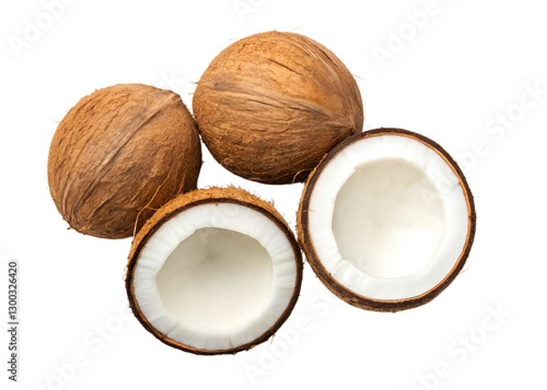 Obraz Delicious Coconuts on White Background, Tropical Fruit, Fresh Coconut Display, Healthy Snack, Cut Out