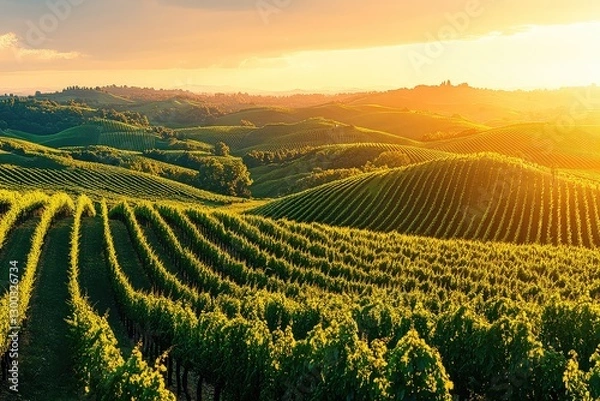 Fototapeta Serene sunset over lush vineyard hills with rows of grapevines and distant mountains in the background