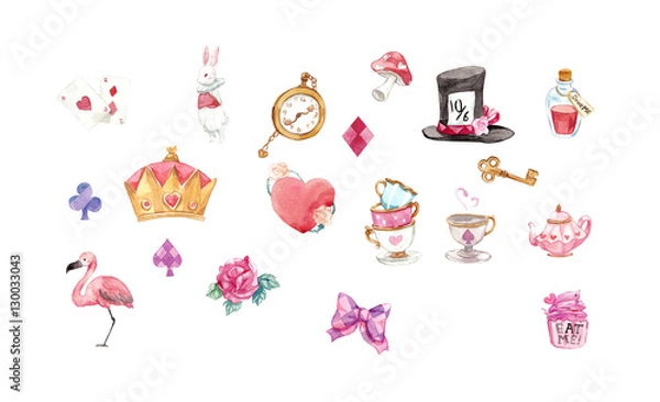 Obraz Alicja w Krainie Czarów elementy graficzne akwarela zestaw z klaskaniem