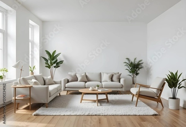 Obraz Modern Scandinavian living room with a cozy sofa, mid-century furniture, wooden floor, white walls, and home plants. Minimalist design with a warm, inviting atmosphere.