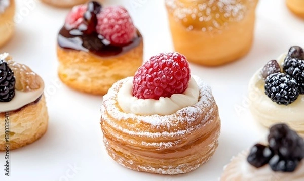 Fototapeta  A variety of miniature pastries with a white background, Generative AI