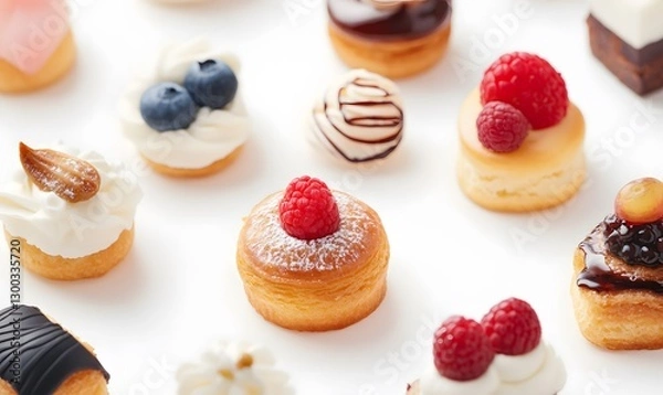 Fototapeta  A variety of miniature pastries with a white background, Generative AI