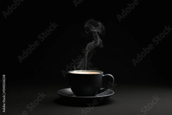 Fototapeta Aromatic Steam Rising From a Dark Cup of Coffee on a Matching Saucer Against a Black Background