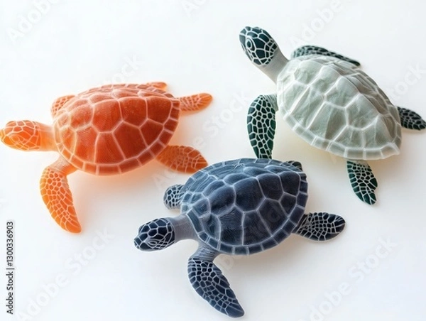 Fototapeta 3D Printed Sea Turtle Toys in Vibrant Colors on a White Background