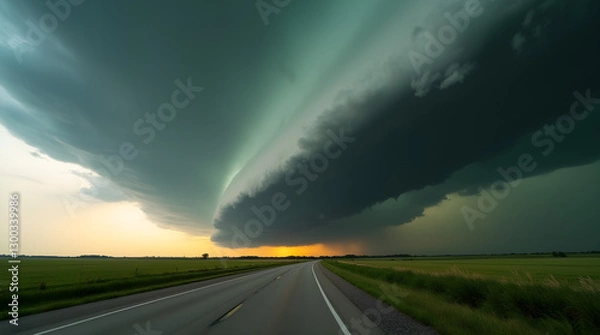 Fototapeta Dramatic Shelf Cloud Supercell Storm Road Landscape Sunset