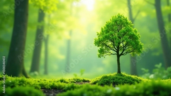 Obraz A solitary young tree thrives amidst a verdant forest, bathed in the soft glow of morning sunlight, symbolizing nature's resilience and the beauty of new life.