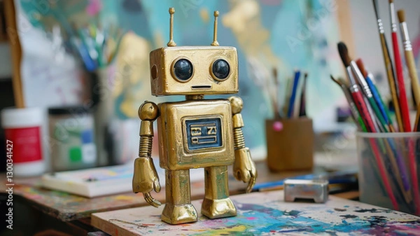 Fototapeta gold toy robot standing proudly on colorful artist desk, surrounded by art supplies and paint