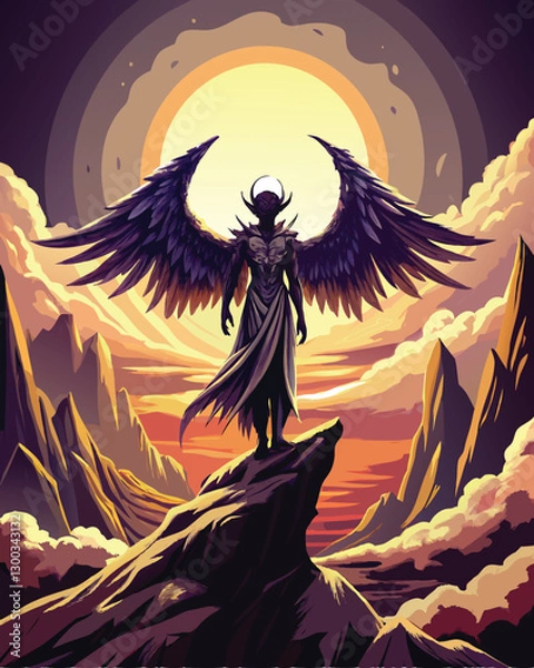 Obraz A dark angel, with massive, tattered, feathered wings, stands in shadow, a brooding expression on their face.  Detailed, dramatic lighting.
