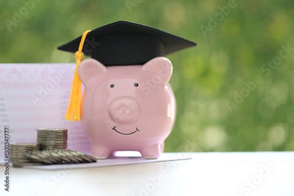 Fototapeta Graduation hat on piggy and stack of coins money on natural green background, Saving money for education concept