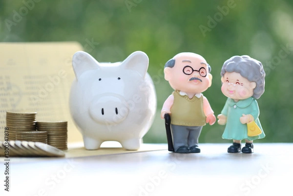 Obraz Mutual fund,Love couple senior and piggy bank with stack of coins money on natural green background, Save money for prepare in future and pension retirement concept