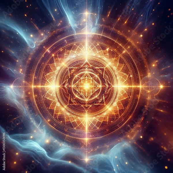 Fototapeta A radiant Sri Yantra floating in an ethereal realm, glowing with high-frequency energy