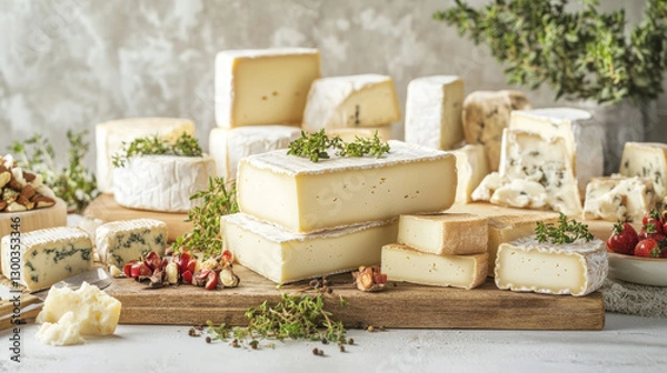 Fototapeta Havarti: A Danish cheese with a mild, buttery flavor and a creamy texture, often flavored with herbs or spices. on a white backgraund on a wooden display 