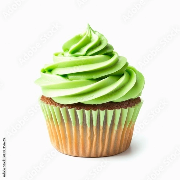 Obraz Tasty cupcake with green cream frosting isolated on white background.