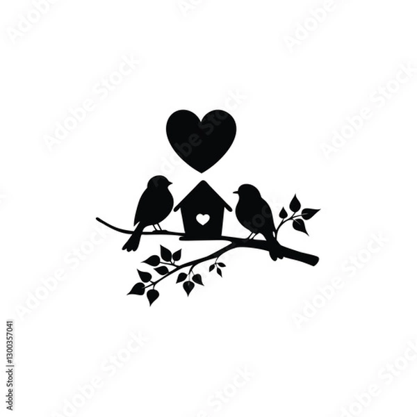 Fototapeta two birds on a branch with love icon.Valentines Day icon set vector illustration.