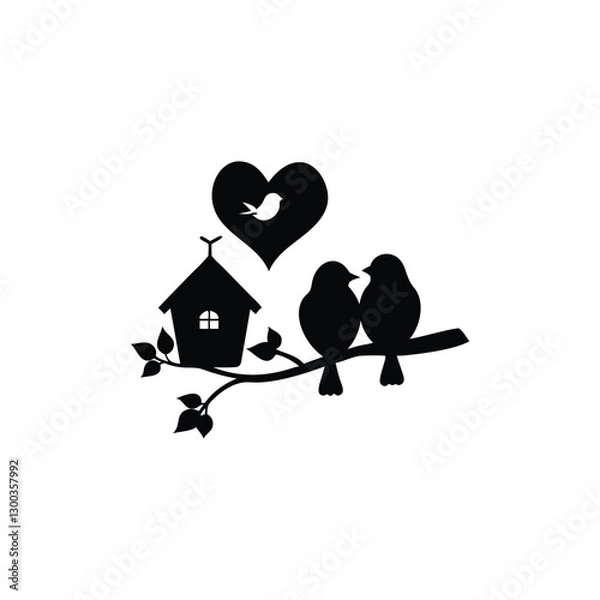 Fototapeta two birds on a branch with love icon.Valentines Day icon set vector illustration.