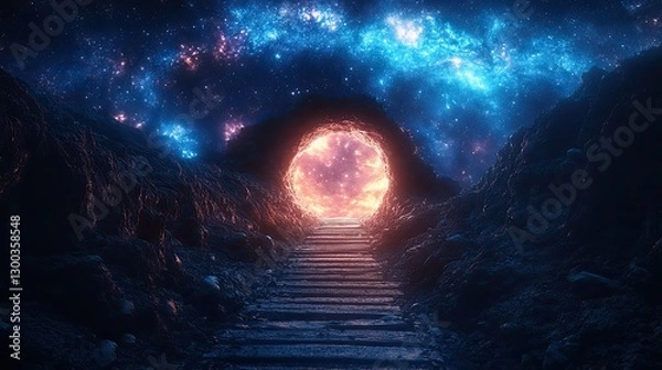 Fototapeta Cosmic Portal Steps leading to otherworldly gateway under starry sky, fantasy backdrop