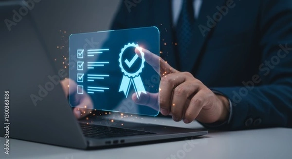 Fototapeta Digital assurance interface being touched by hand, laptop in focus, soft lighting