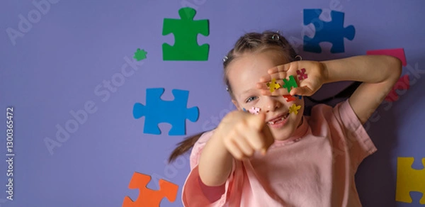 Obraz A girl with a lot of pieces of colorful puzzles in hand points finger forward. Banner on education and awareness about autism