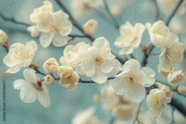Obraz Floral background. Delicate white flowers set against a soft, gentle background. Spring blooming branch with flowers