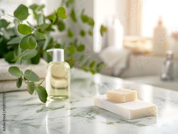 Fototapeta White marble counter, soap, bottle, blurred bathroom, green plant, daylight, product presentation,